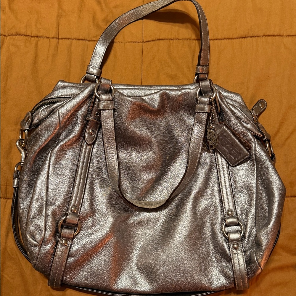 Metallic Silver Leather Coach Tote Bag